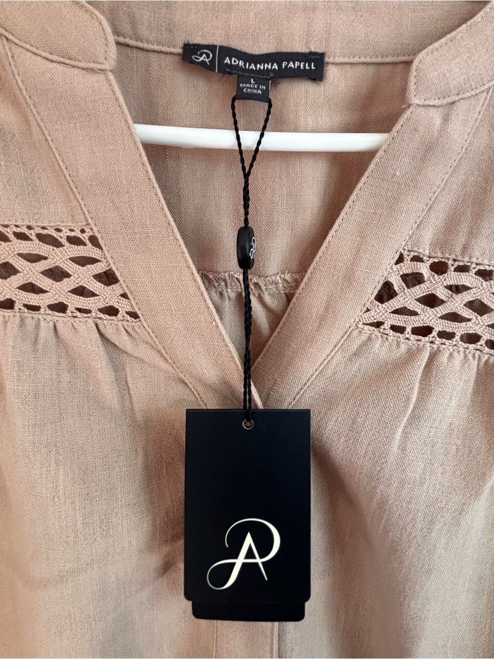 Adrianna Papell Taupe Crochet-Trim Button Front Blouse - Picture 3 of 6